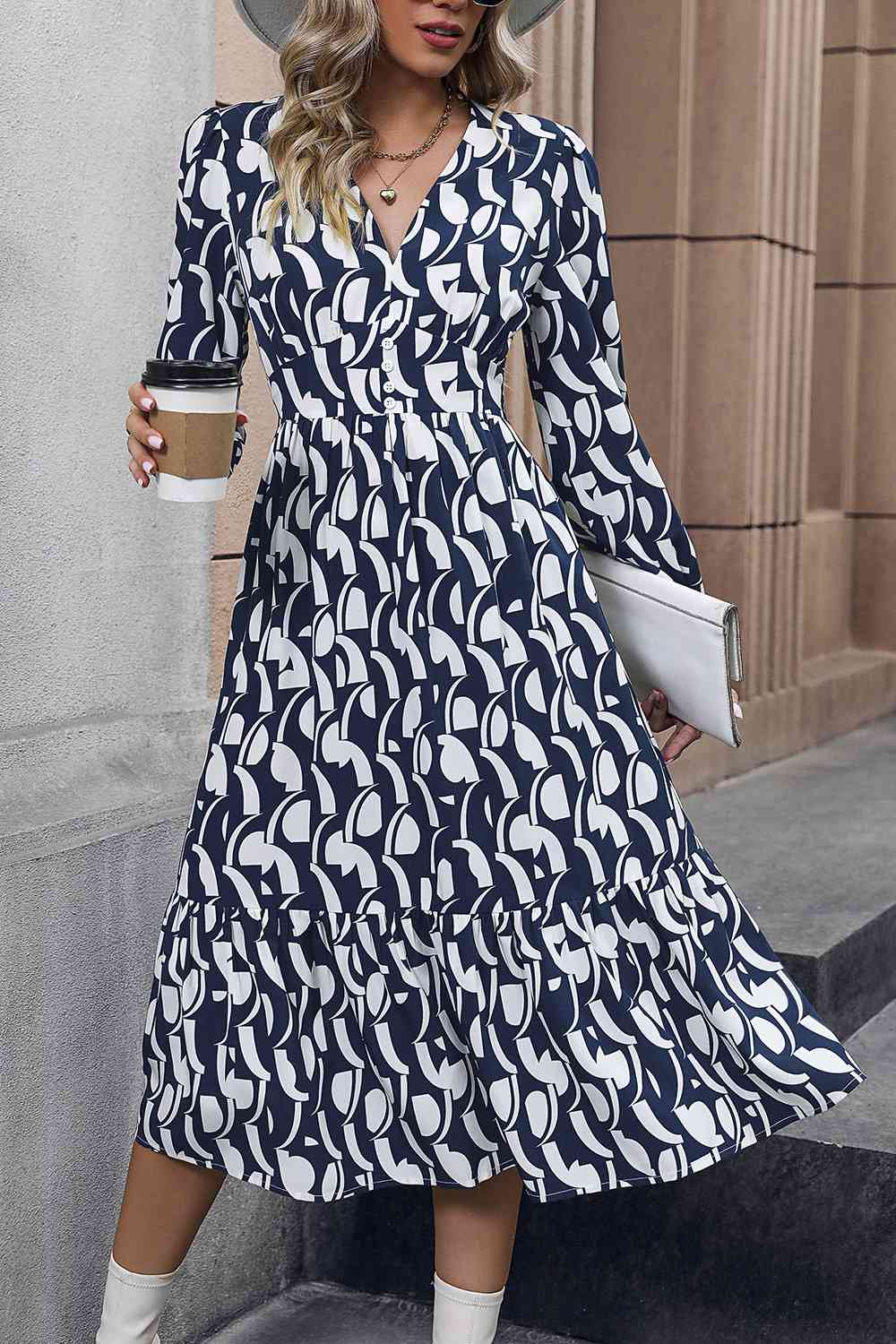 V-Neck Buttoned Long Sleeve Dress