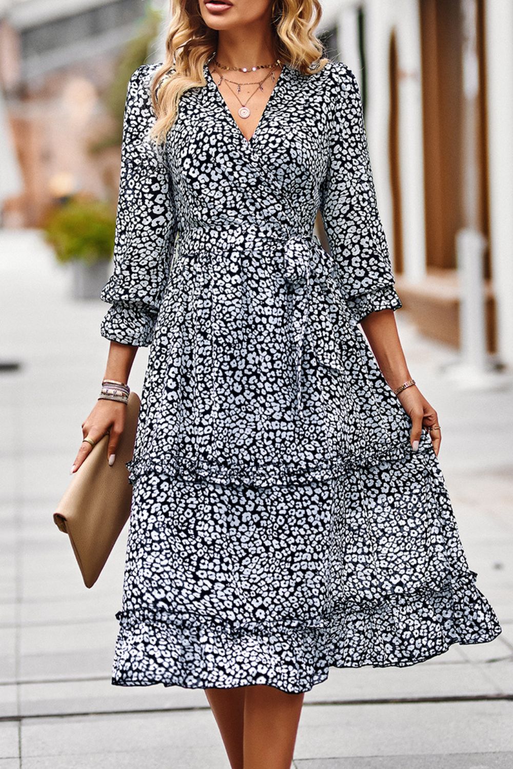 Leopard Surplice Tie Belt Slit Dress