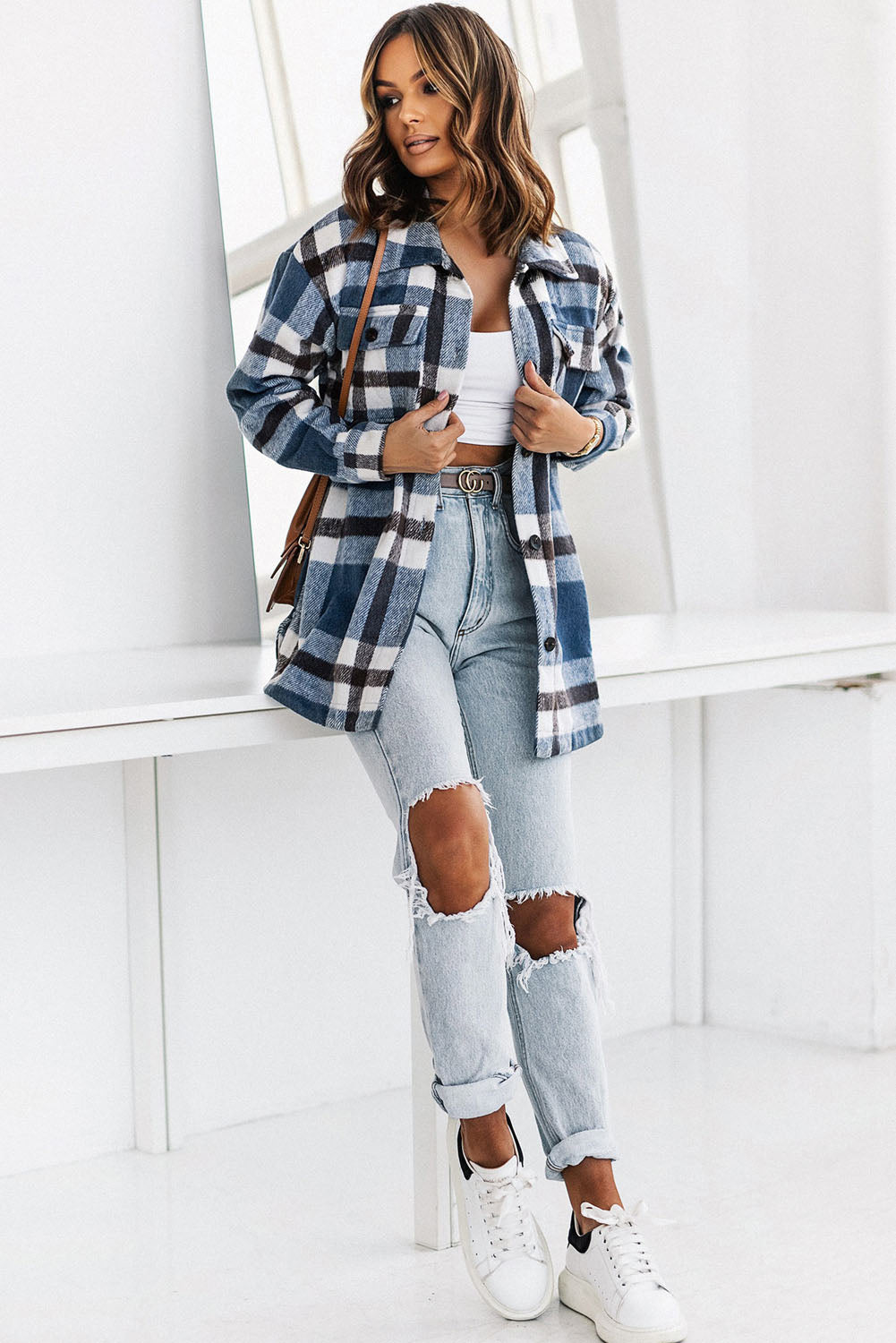 Plaid Dropped Shoulder Pocket Shacket