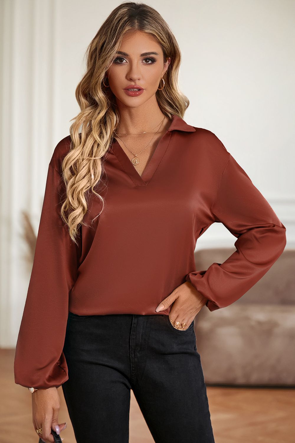 Johnny Collar Lantern Sleeve Blouse