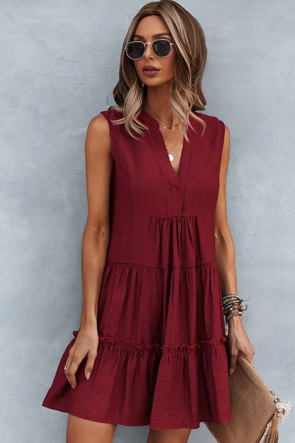 Frill Trim Notched Sleeveless Tiered Dress