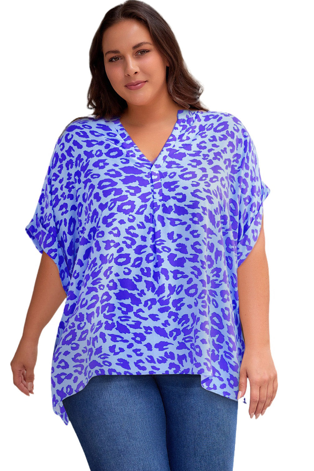 Plus Size Printed Notched Neck Half Sleeve Top