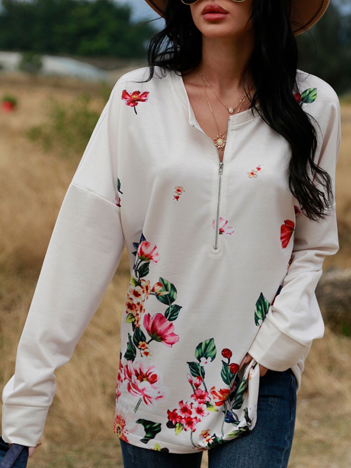 Floral Print Drop Shoulder Front Zipper Blouse