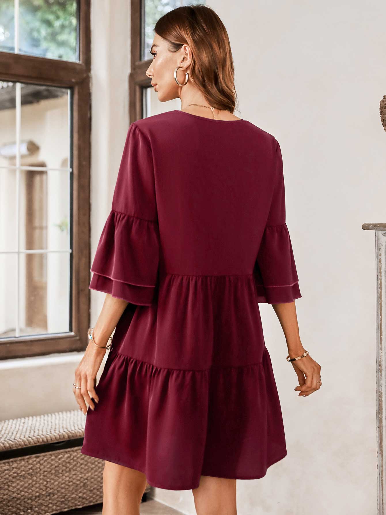 V-Neck Three-Quarter Flounce Sleeve Tiered Dress