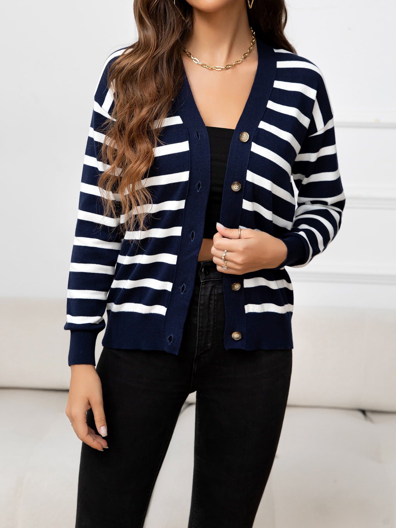 Striped Dropped Shoulder V-Neck Knit Top