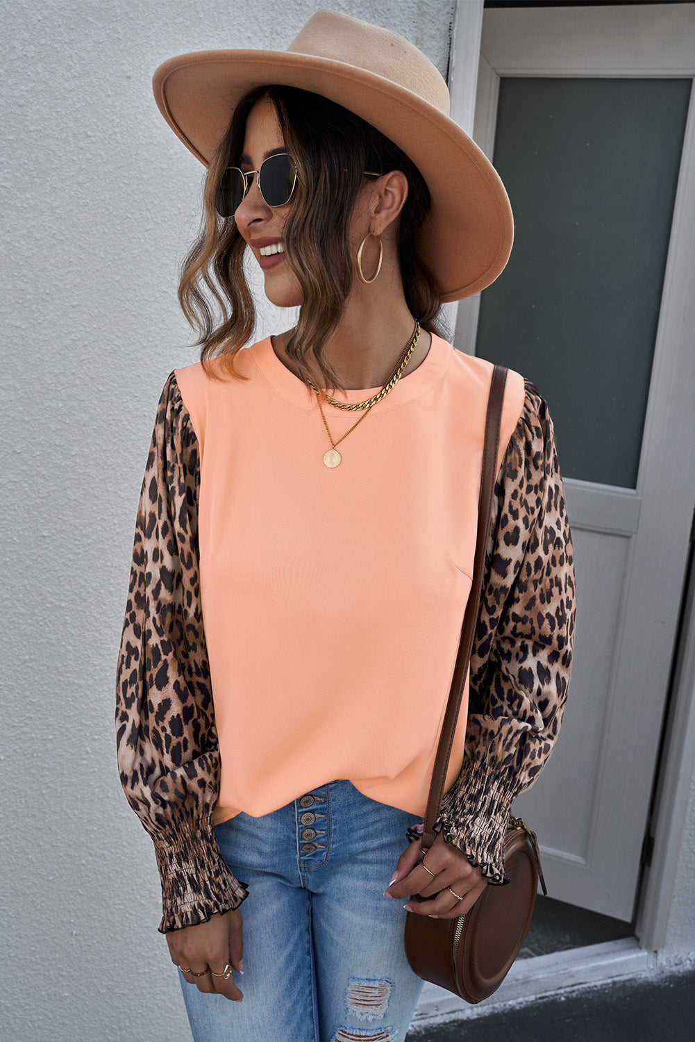 Leopard Puff Sleeve Spliced Top