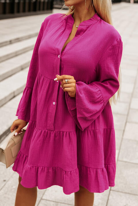 Buttoned Flare Sleeve Tiered Dress