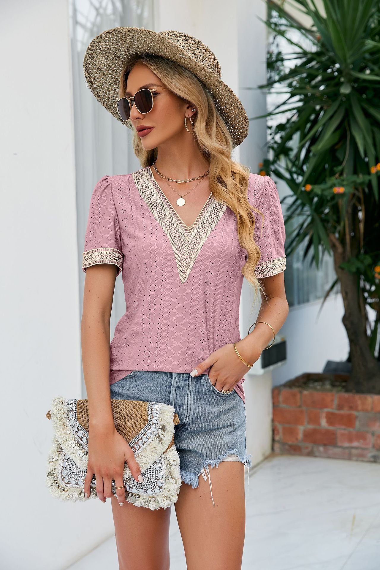 Contrast V-Neck Puff Sleeve Top