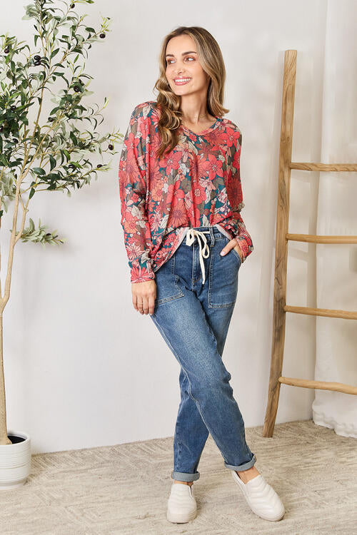 Hopely Full Size Floral Print V-Neck Long Sleeve Blouse