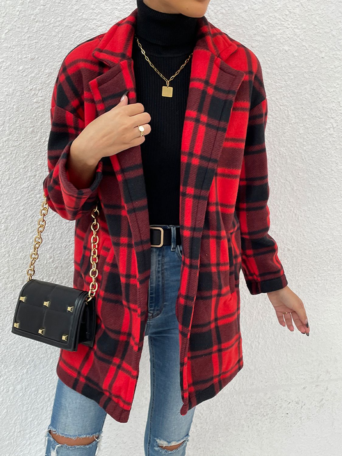 Plaid Lapel Collar Coat with Pockets