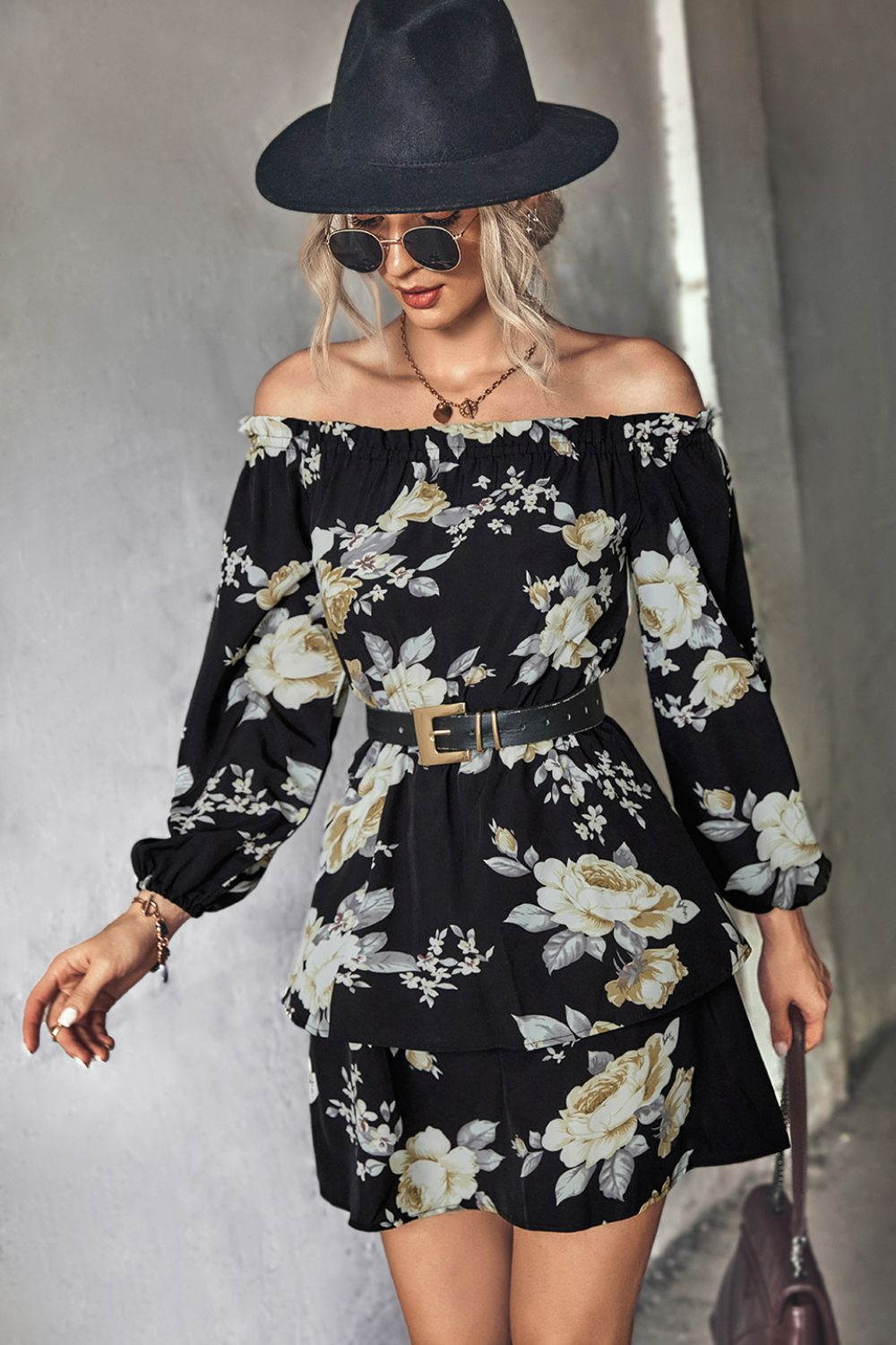 Floral Off-Shoulder Layered Mini Dress