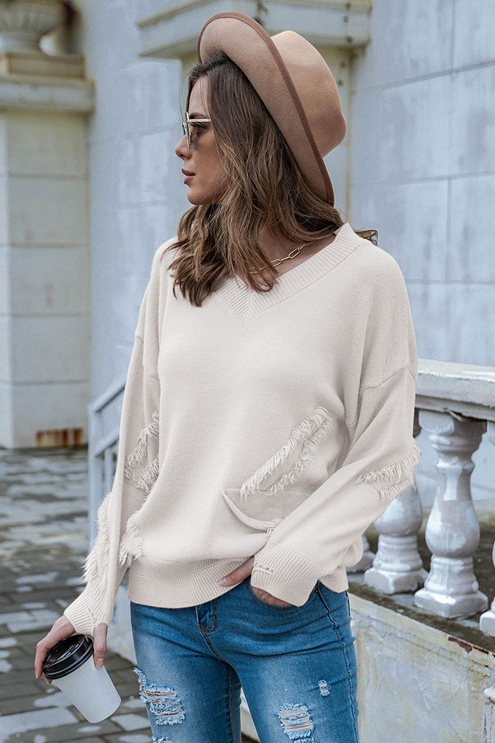 V-Neck Raw Hem Dropped Shoulder Sweater