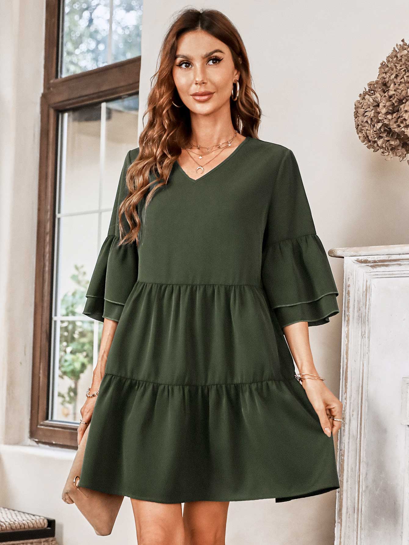 V-Neck Three-Quarter Flounce Sleeve Tiered Dress