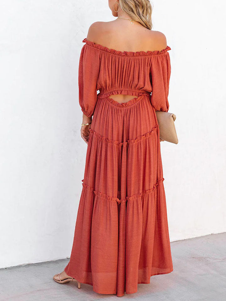 Ruffle Trim Off Shoulder Long Sleeve Maxi Dress