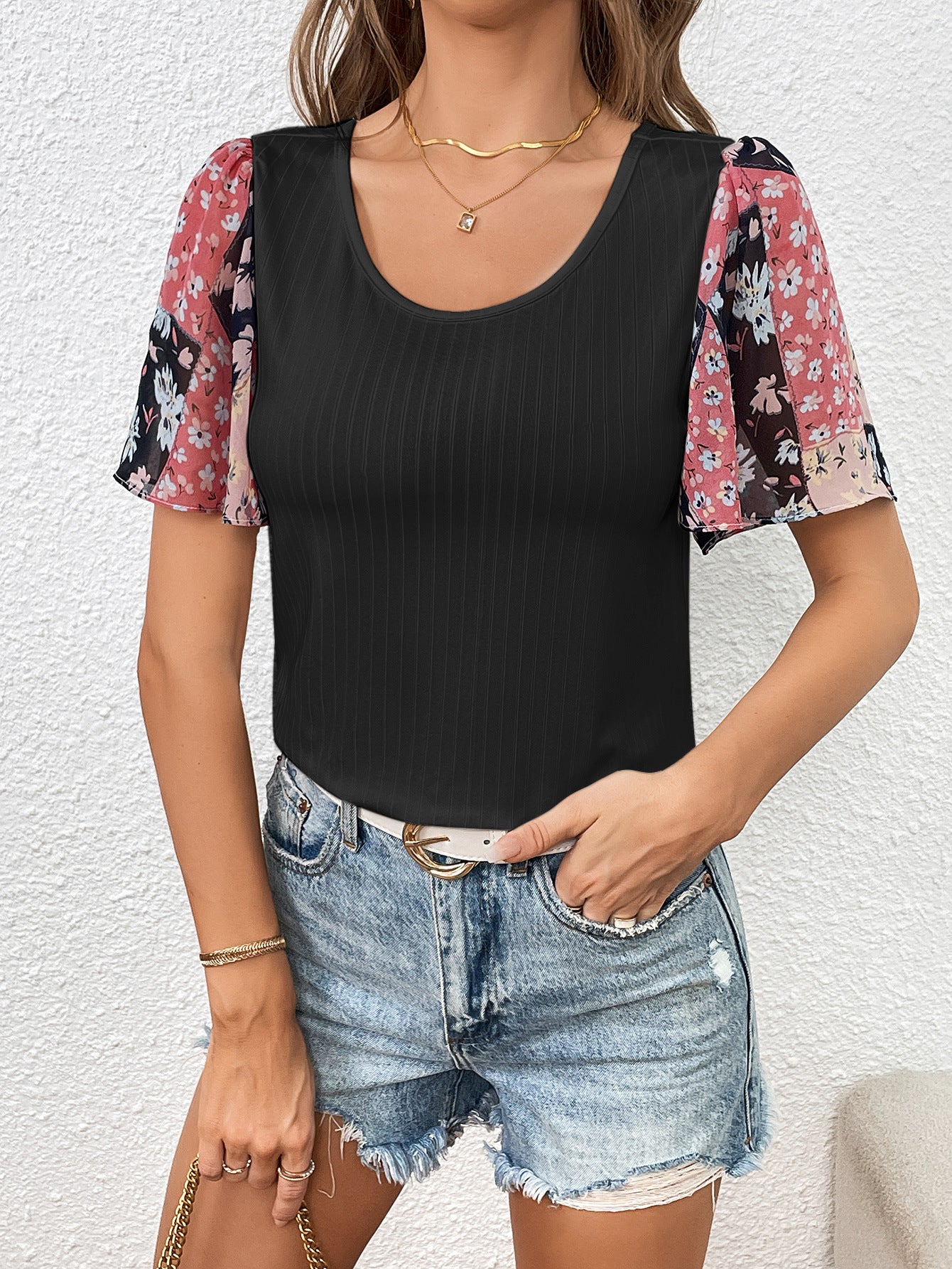 Printed Puff Sleeve Round Neck Tee