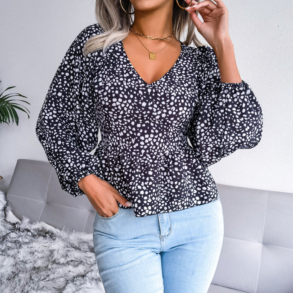 Printed Balloon Sleeve Peplum Blouse