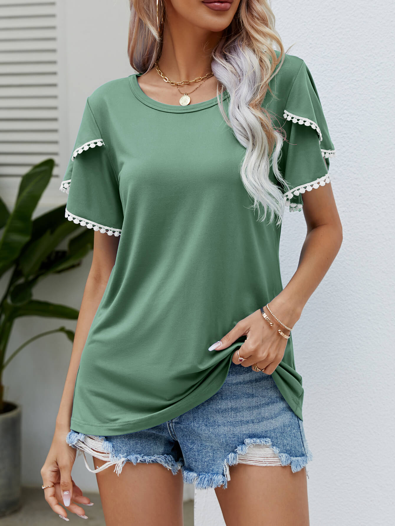 Pom-Pom Trim Flutter Sleeve Round Neck Tee