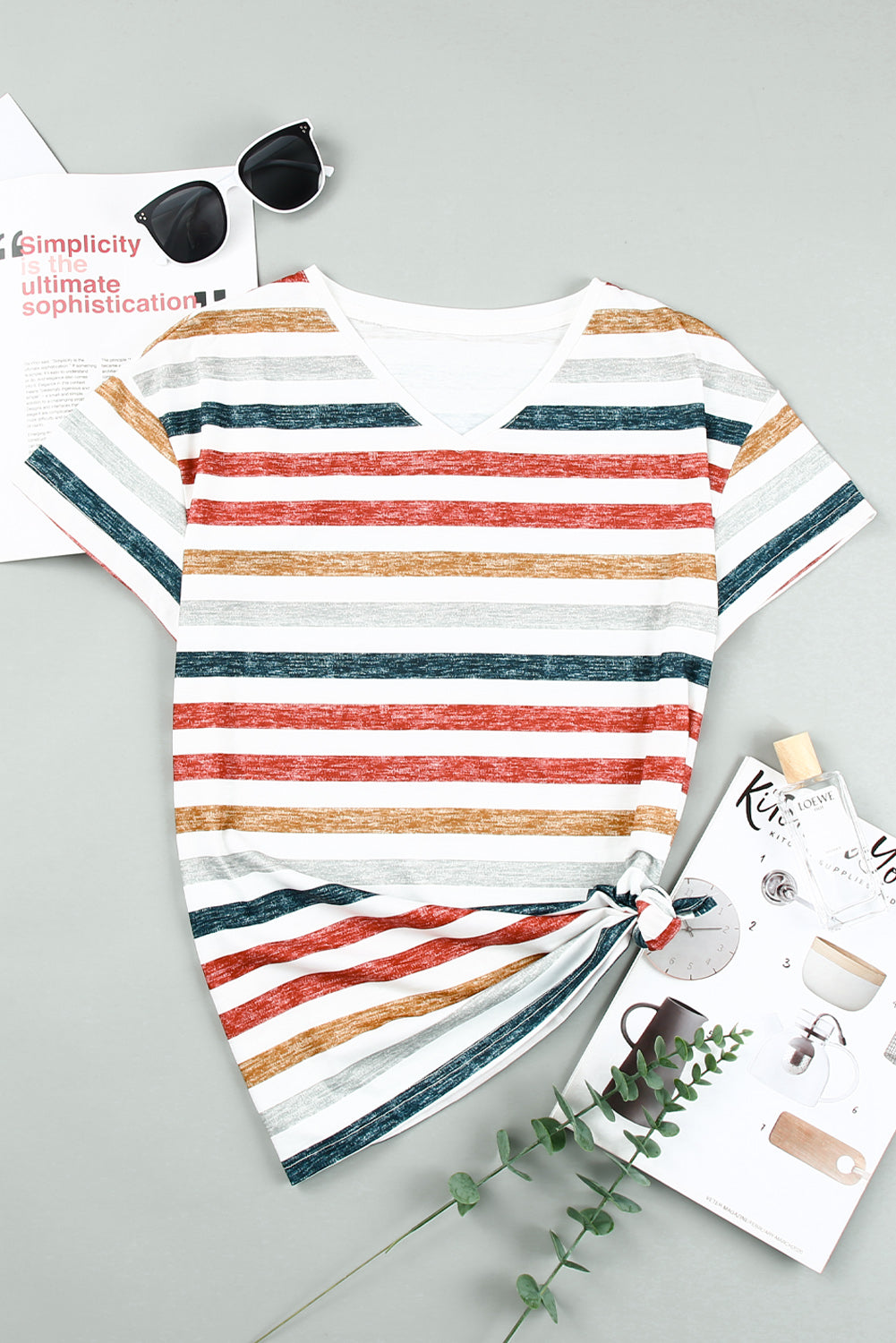 Striped V-Neck Short Sleeve Tee