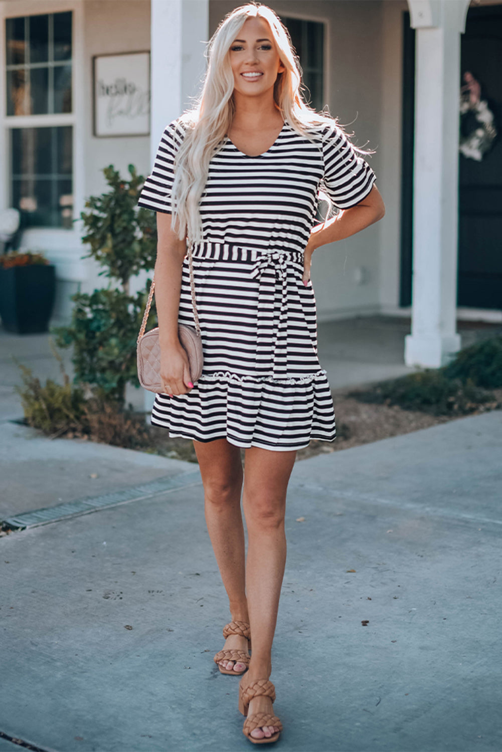 Striped Tie-Waist Frill Trim V-Neck Dress