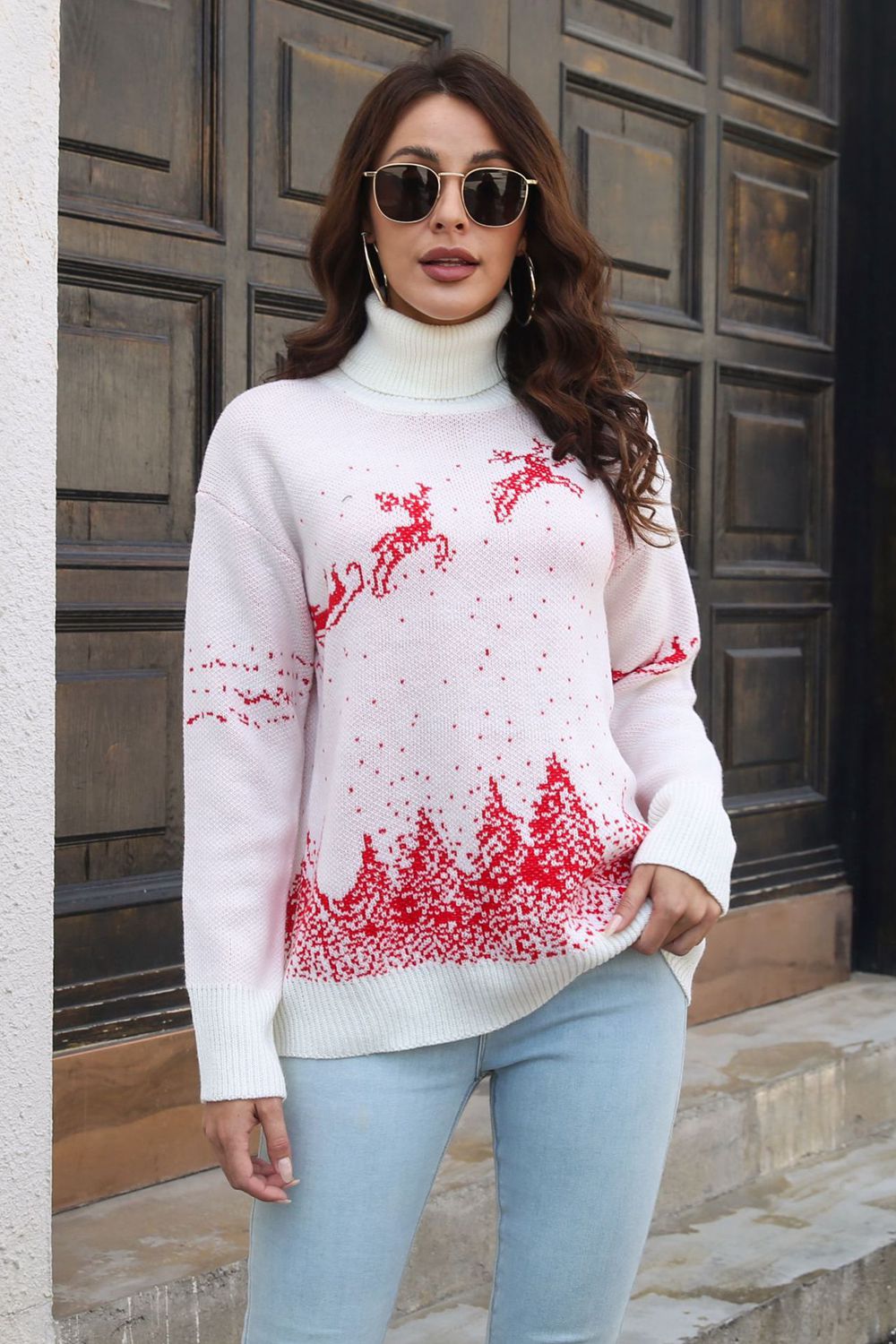 Reindeer & Snow Pattern Turtle Neck Pullover Sweater