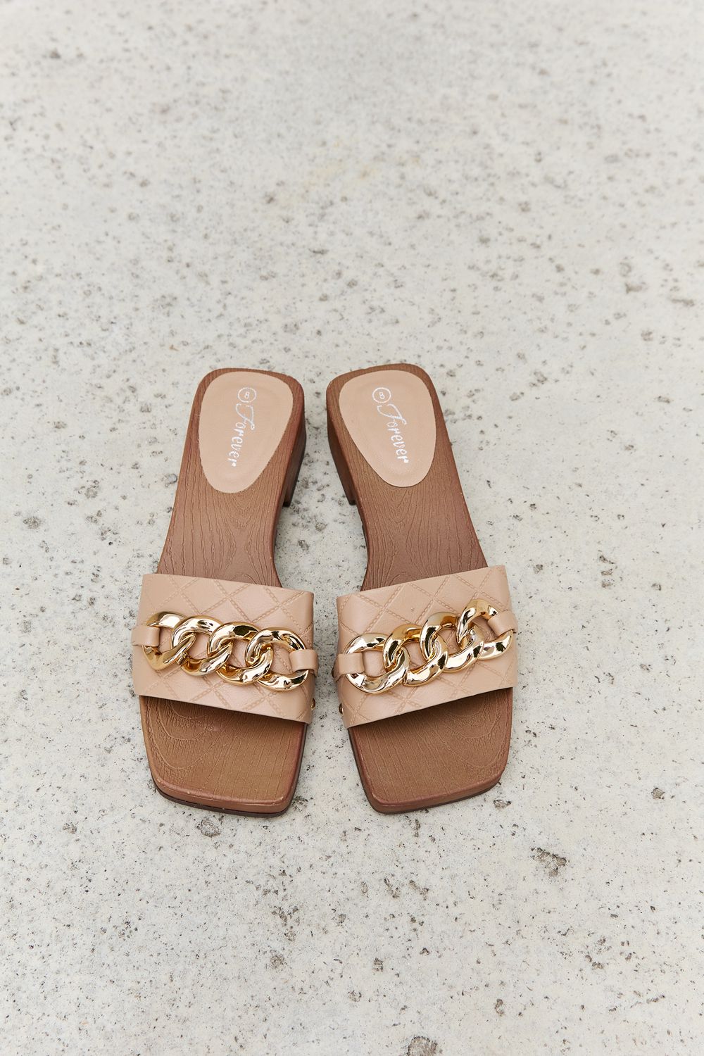 Forever Link Square Toe Chain Detail Clog Sandal in Tan