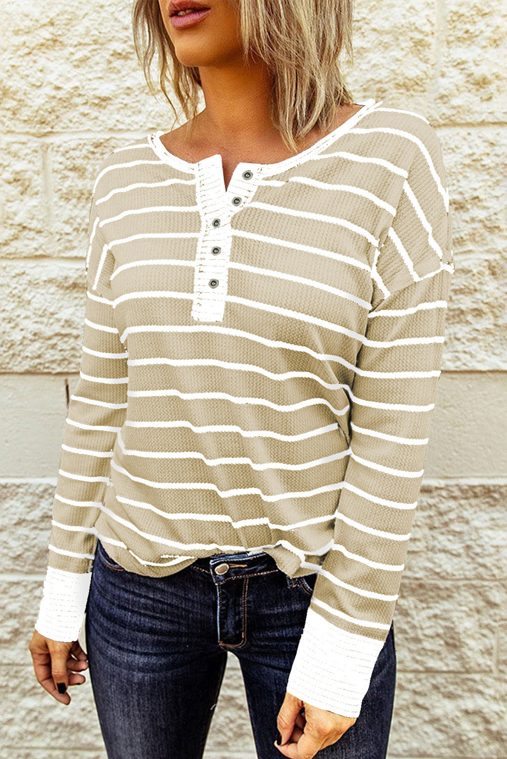 Striped Waffle Knit Henley Long Sleeve Top