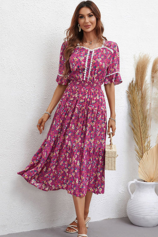 Floral Sweetheart Neck Tiered Dress