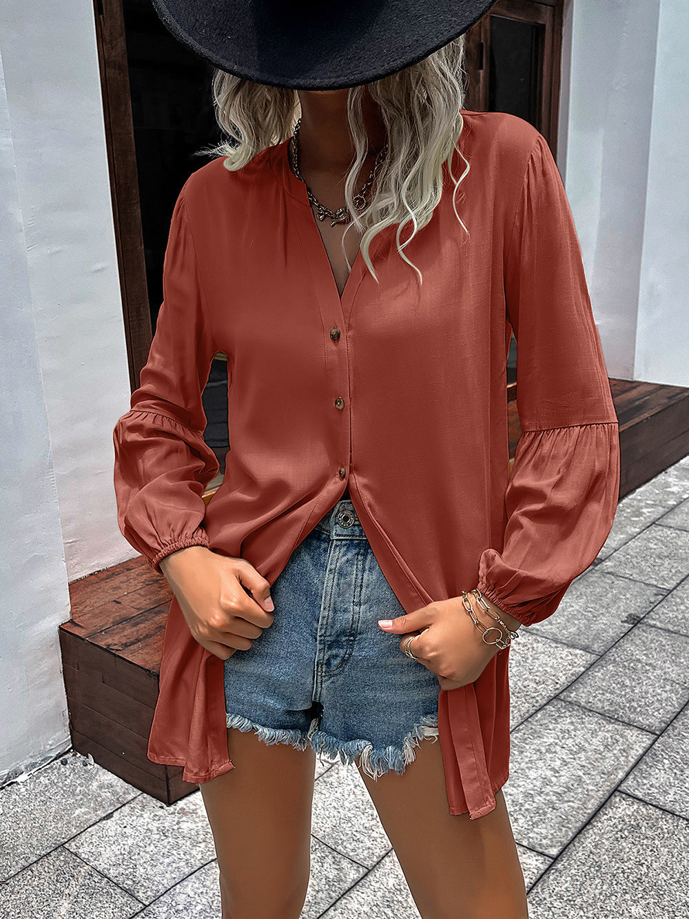 Double Take Notched Neck Balloon Sleeve Shirt