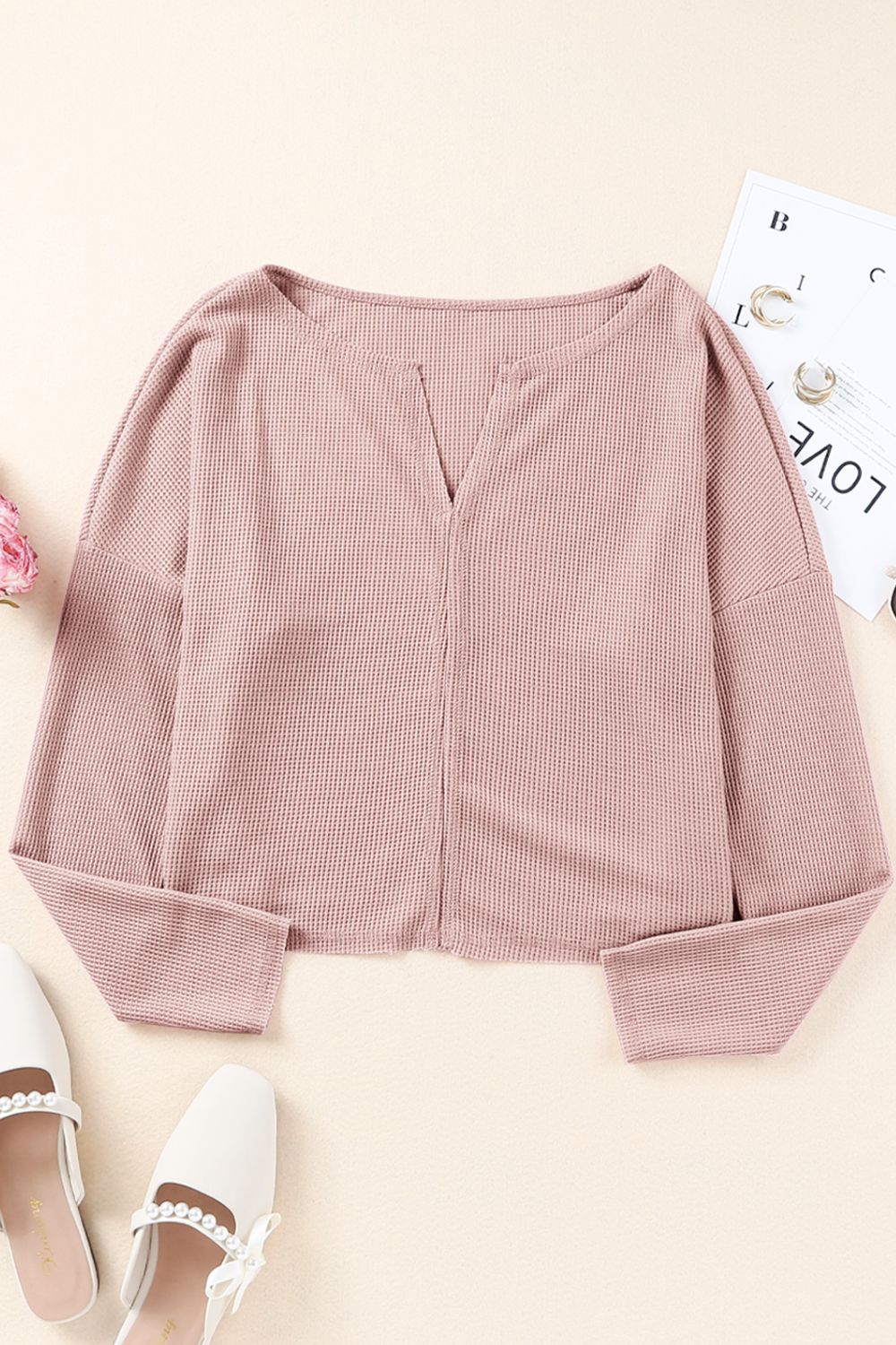 Waffle-Knit Dropped Shoulder Notched Top