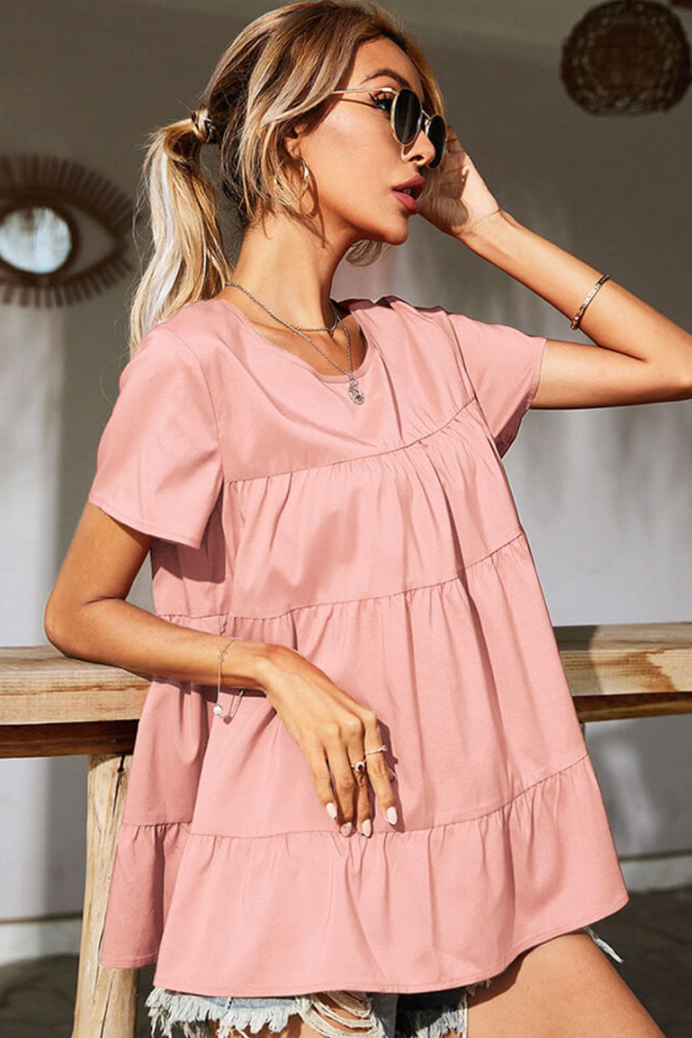 Round Neck Short Sleeve Tiered Blouse