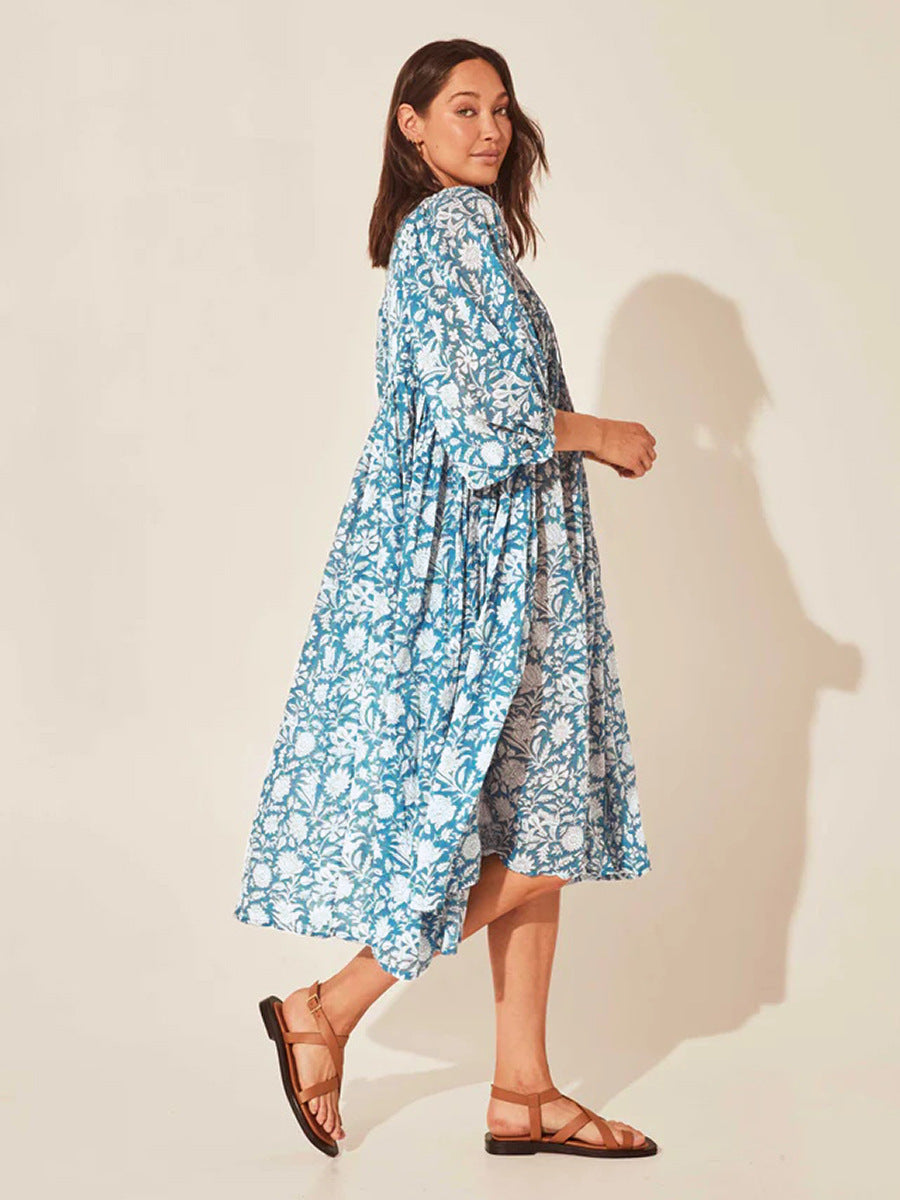 Floral Tie Neck Lantern Sleeve Dress