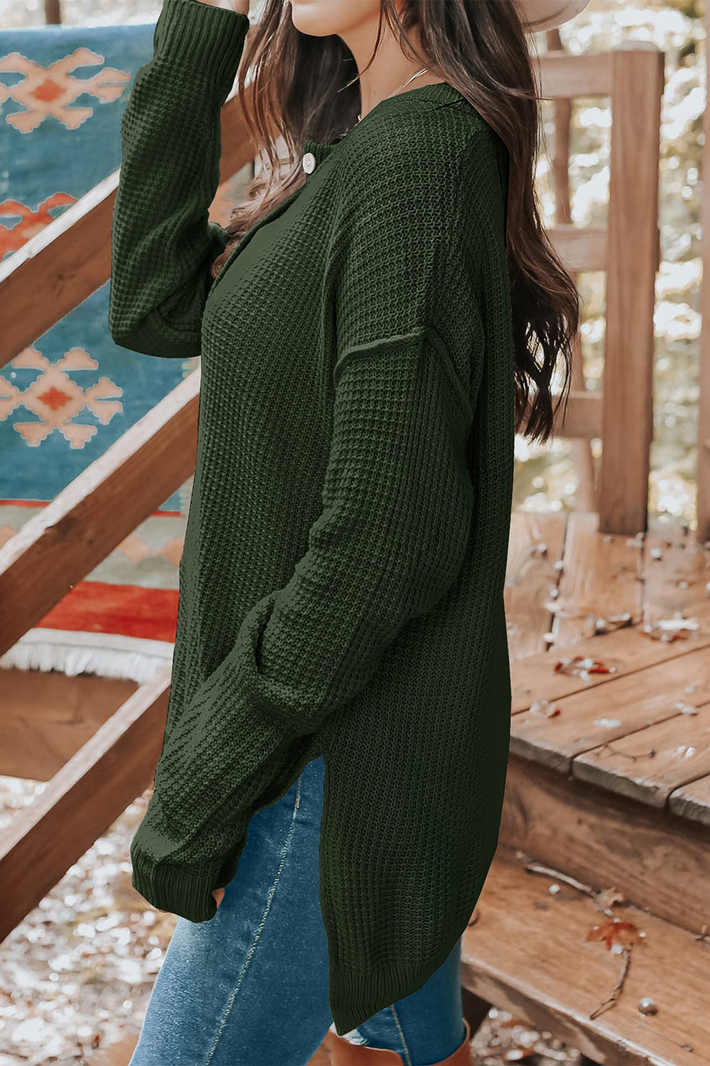 Waffle-Knit Dropped Shoulder Buttoned Sweater