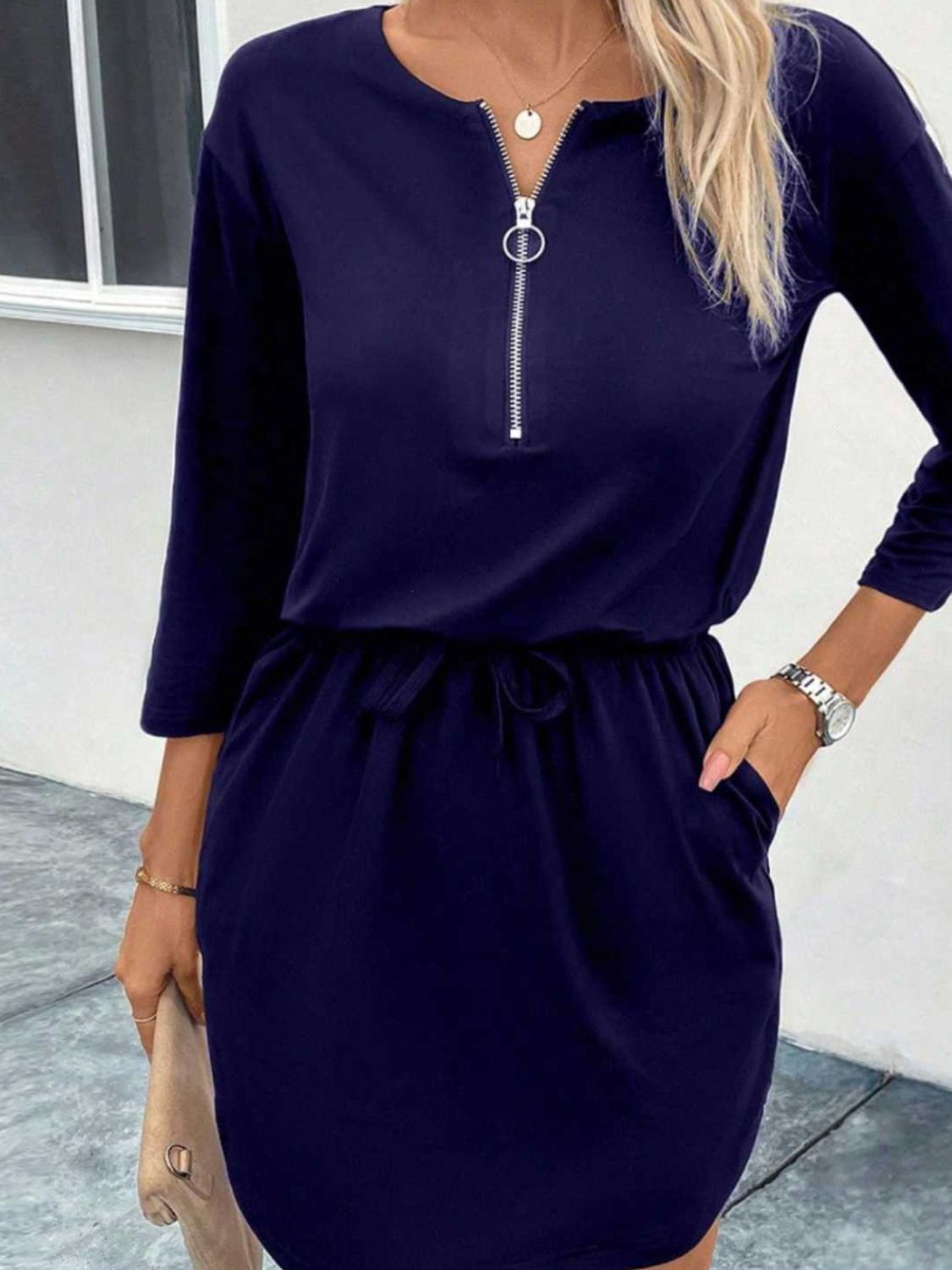 Zip-Up Round Neck Dress