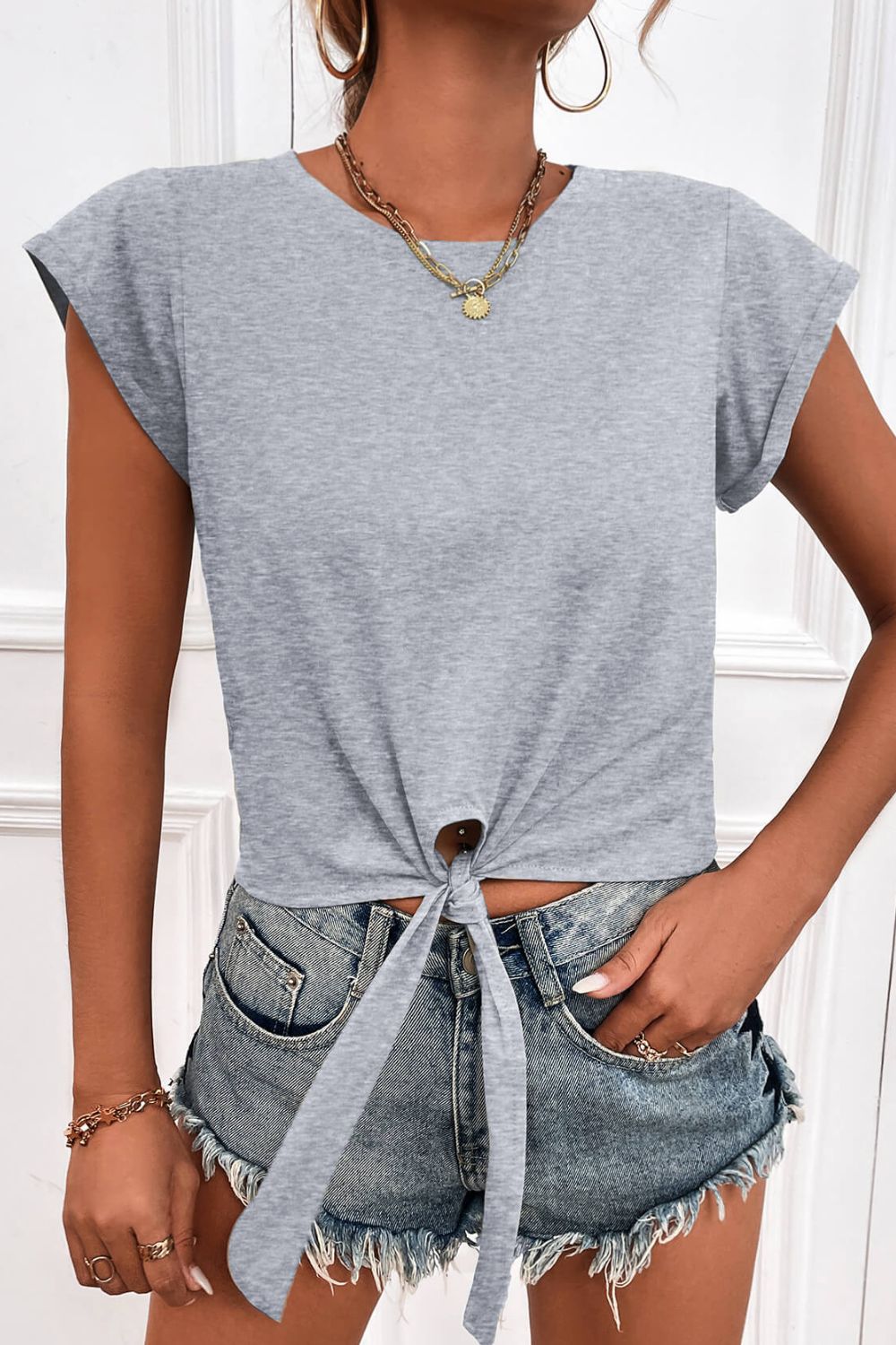 Tied Round Neck Crop Tee