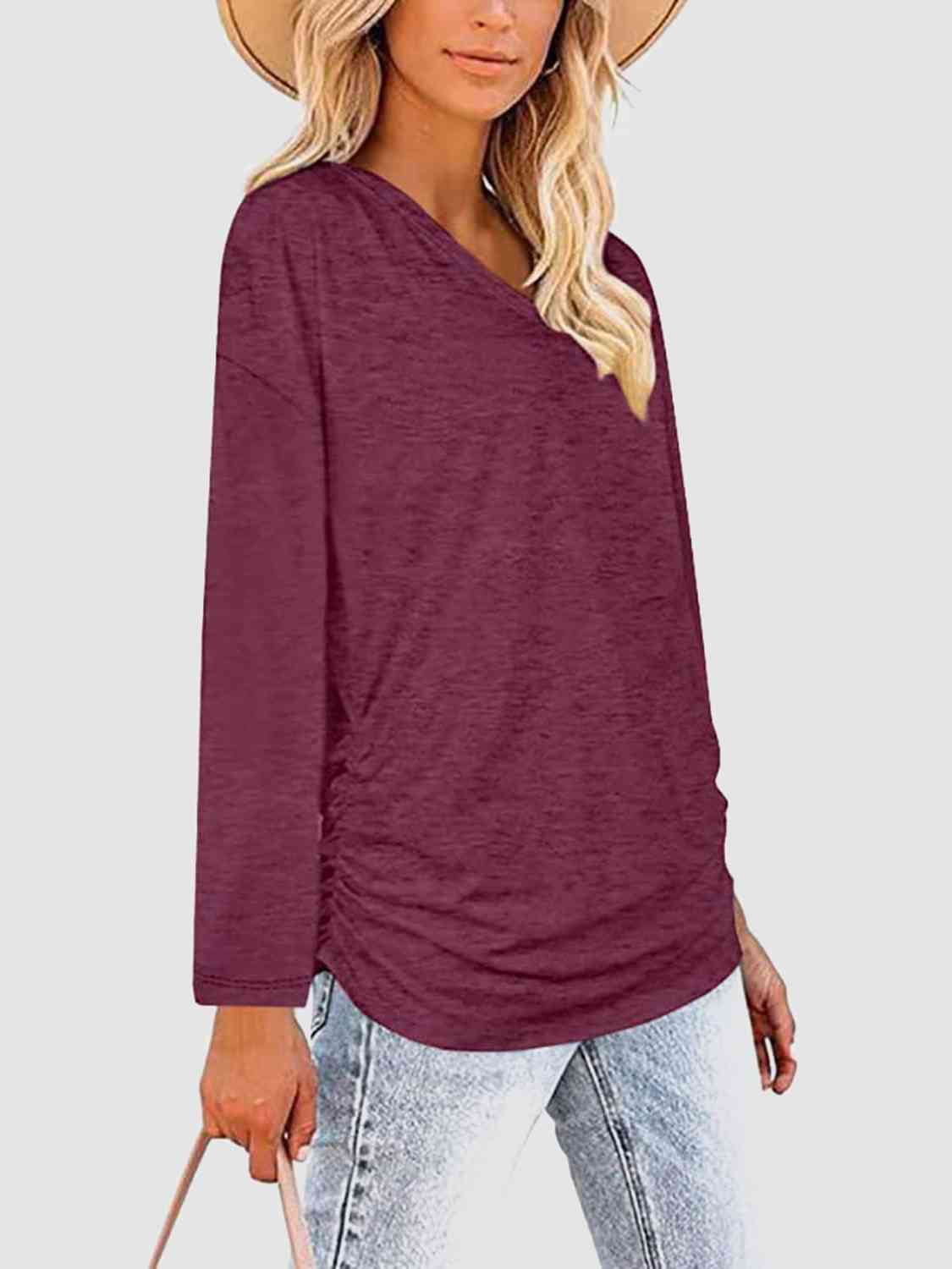 Ruched V-Neck Long Sleeve T-Shirt