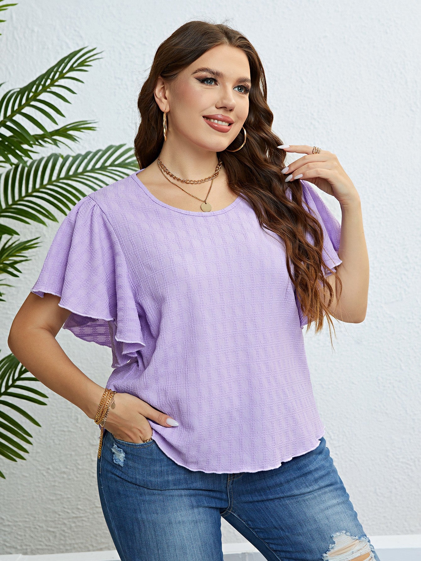 Textured Round Neck Flutter Sleeve Blouse