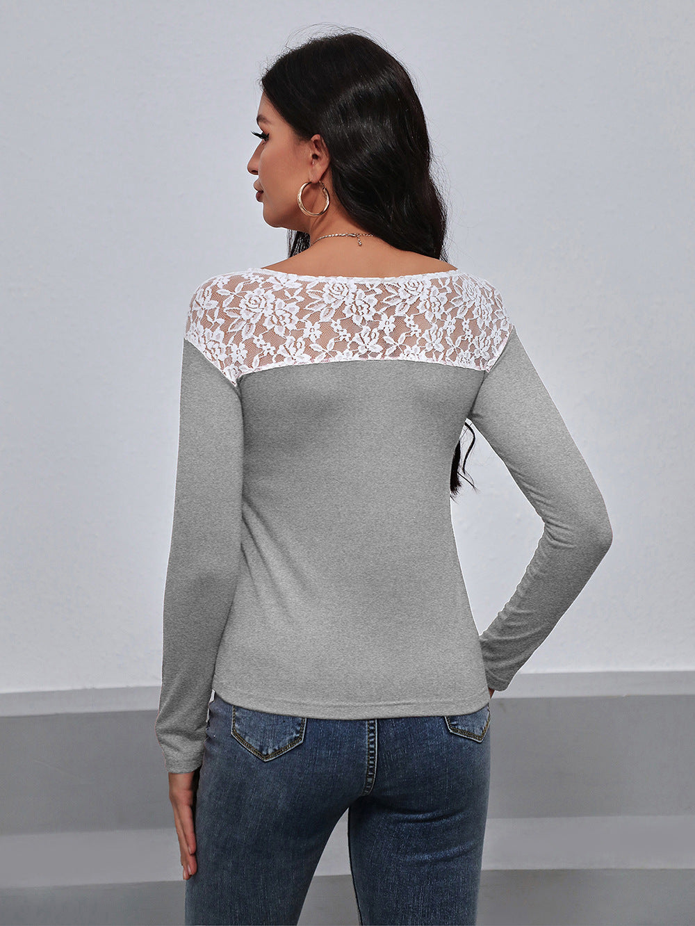 Lace Trim Long Sleeve Round Neck Tee