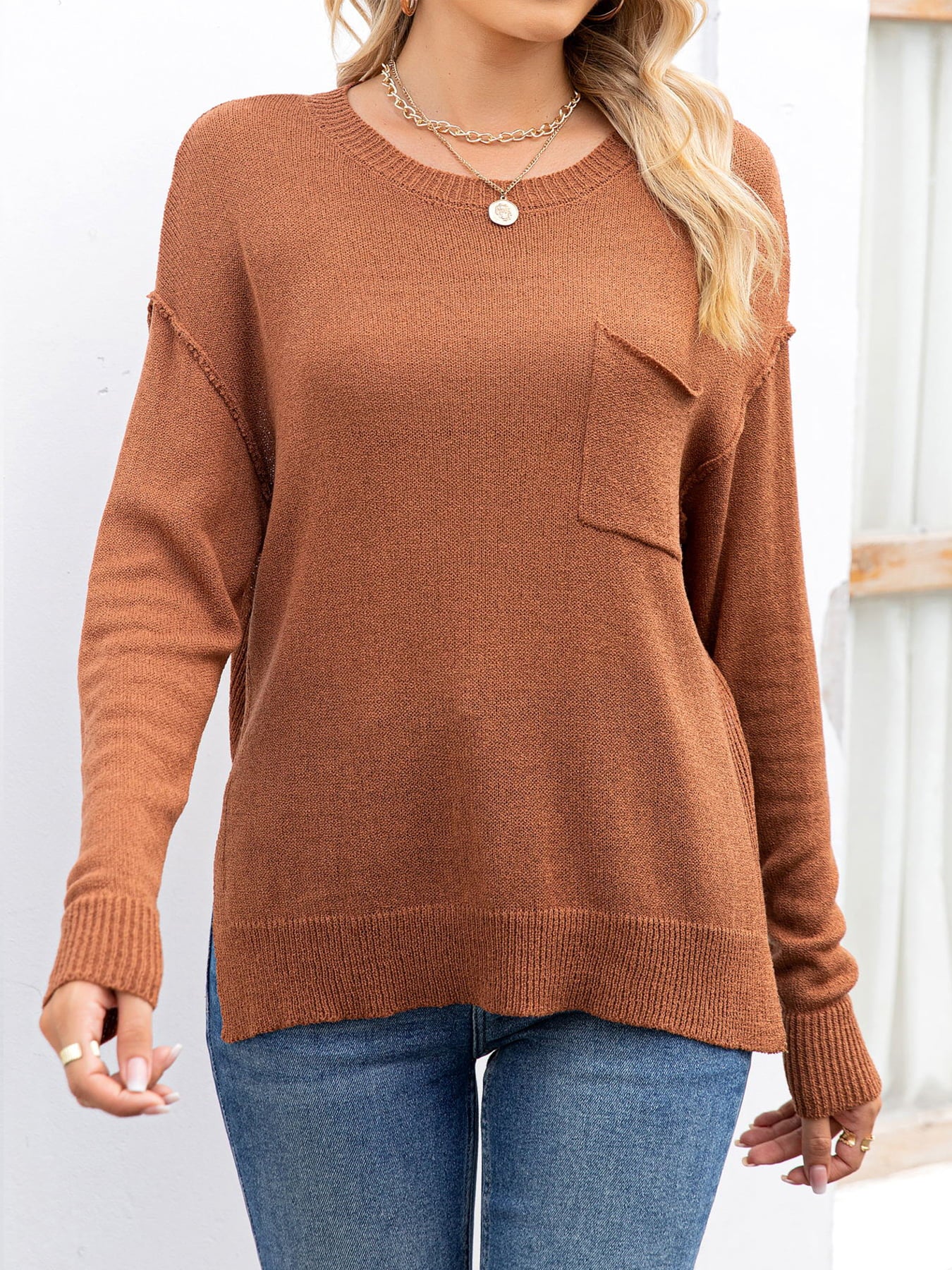 Round Neck Dropped Shoulder Slit T-Shirt