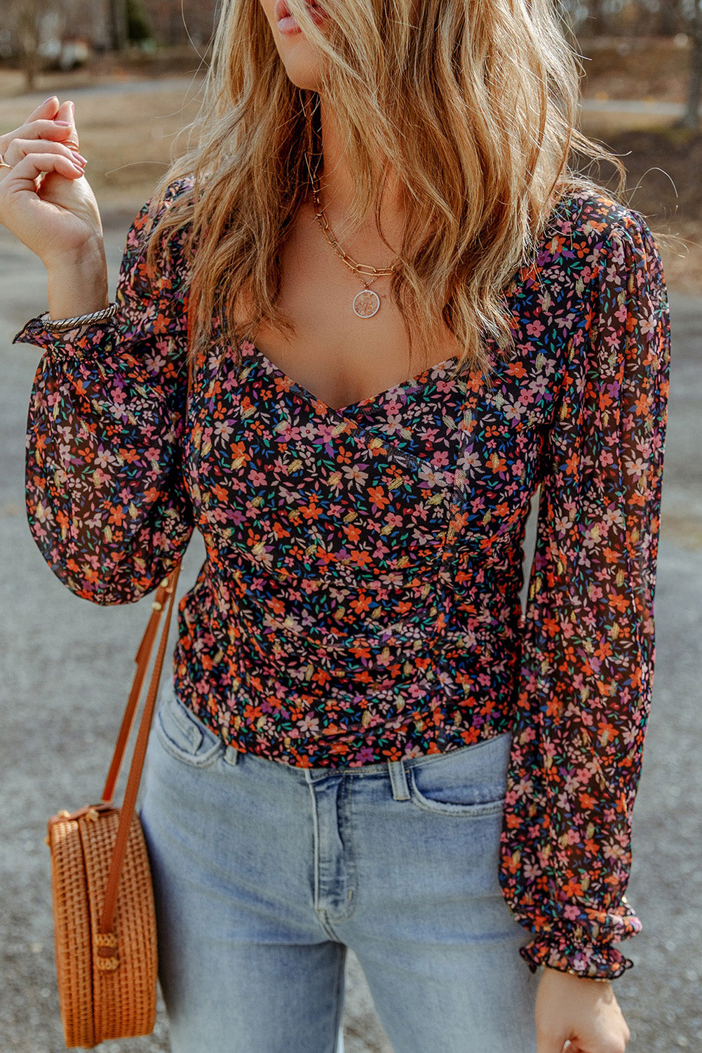 Floral Long Flounce Sleeve Blouse