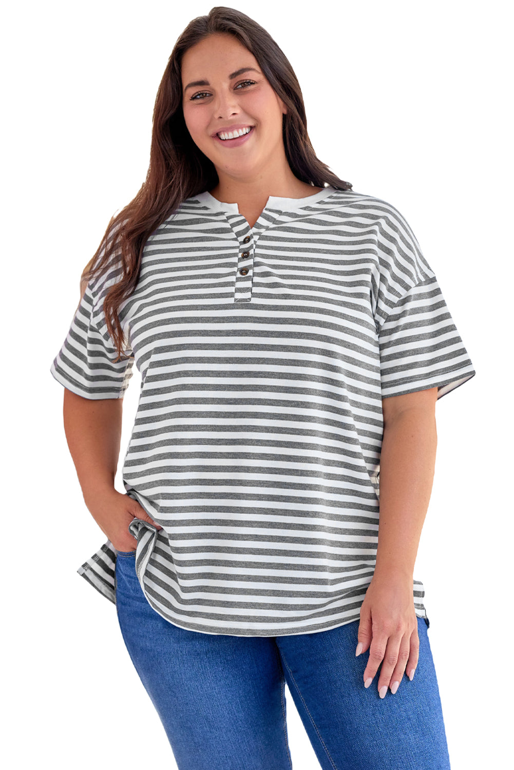 Plus Size Striped Notched Neck Short Sleeve Tee