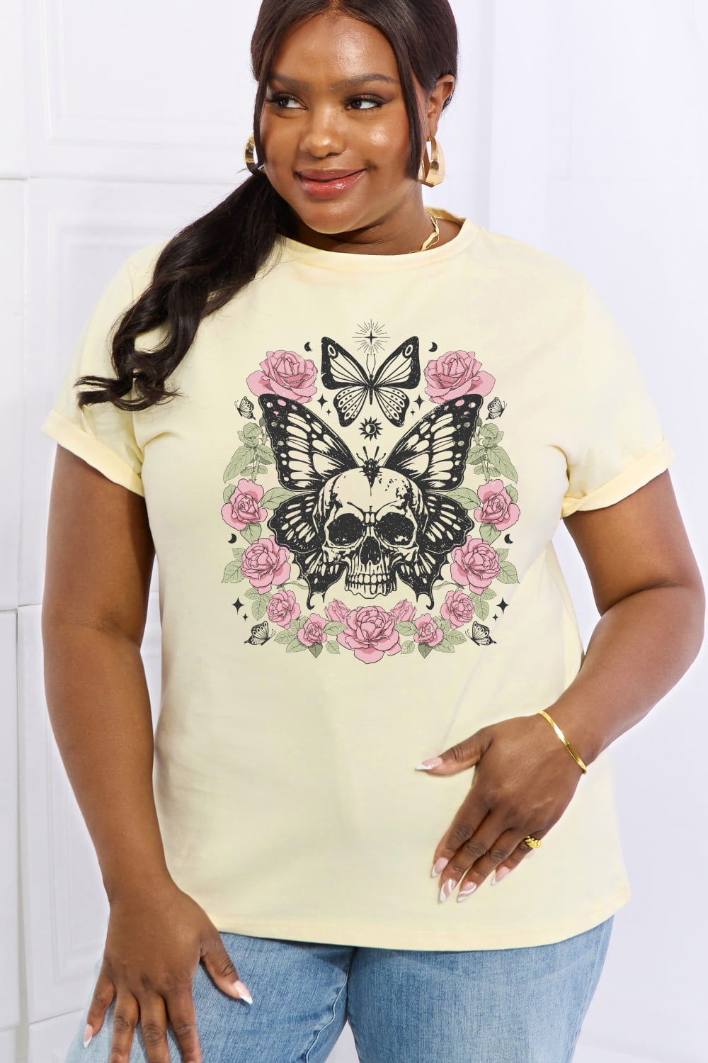 Simply Love Full Size Skull & Butterfly Graphic Cotton Tee