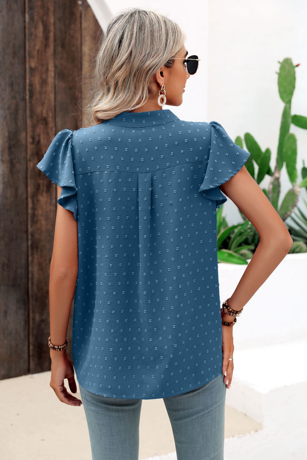 Swiss Dot Flutter Sleeve Notched Neck Blouse