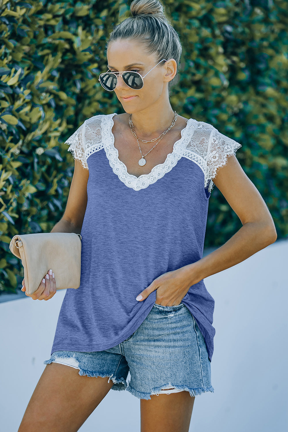 Scalloped Spliced Lace V-Neck Top