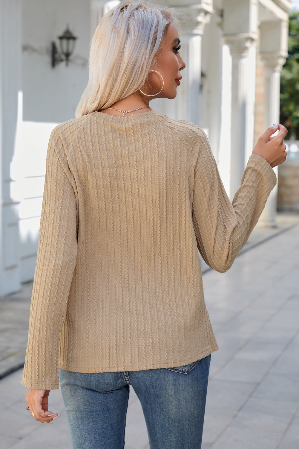 Round Neck Raglan Sleeve Ribbed Blouse