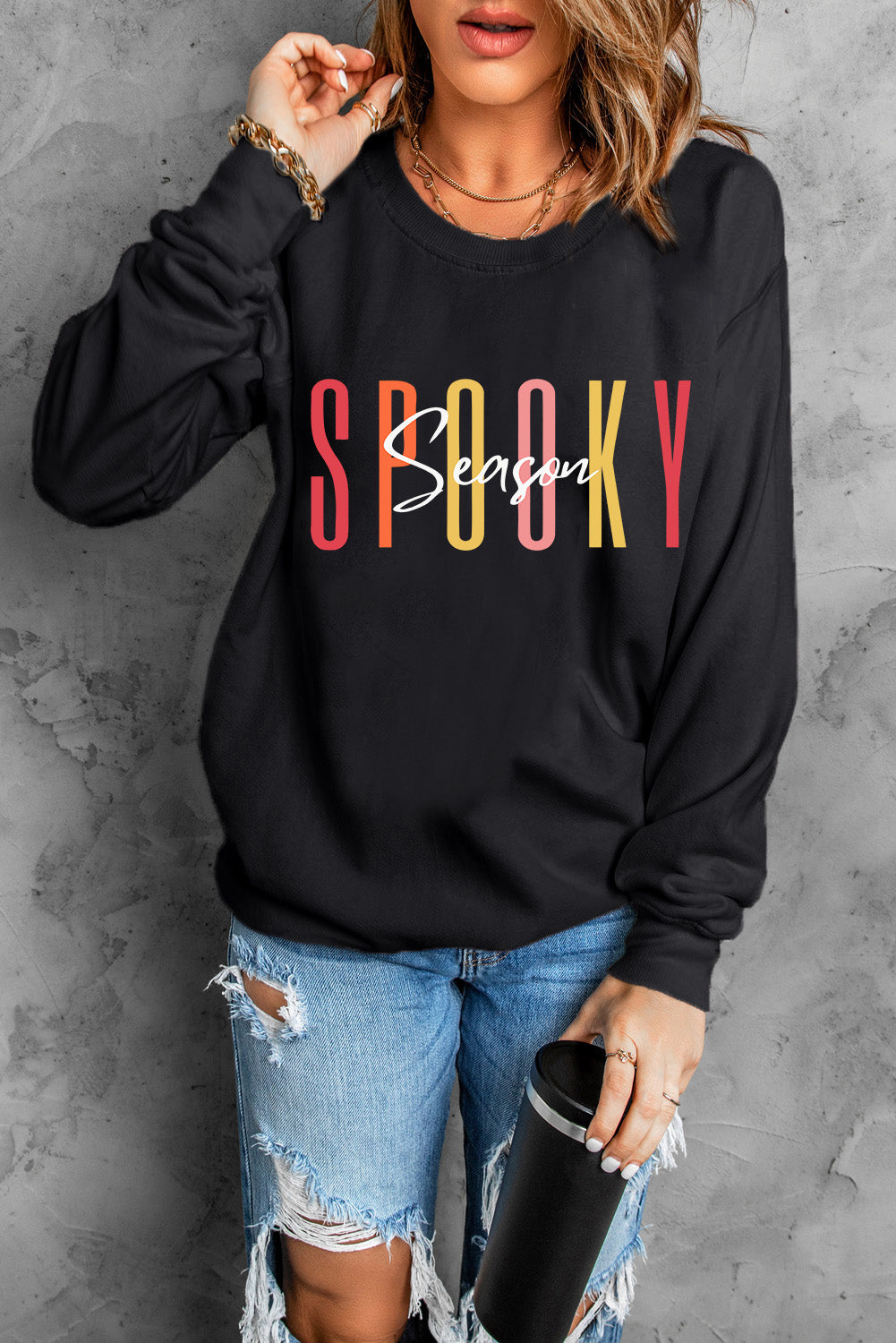 Round Neck Long Sleeve SPOOKY SEASON Graphic Sweatshirt