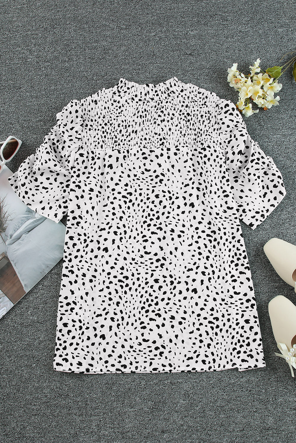 Printed Smocked Mock Neck Blouse