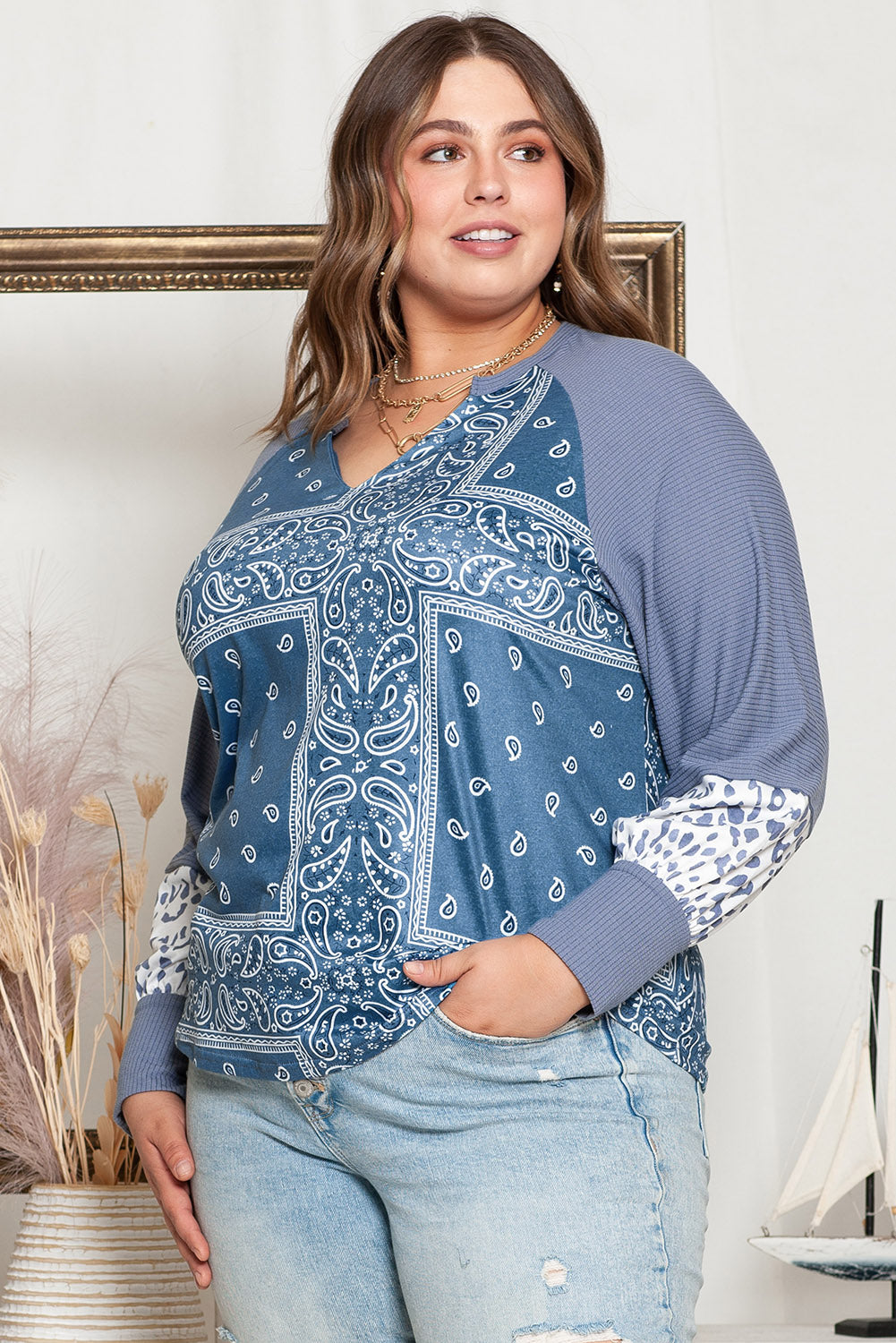 Plus Size V-Neck Printed Raglan Sleeve Blouse