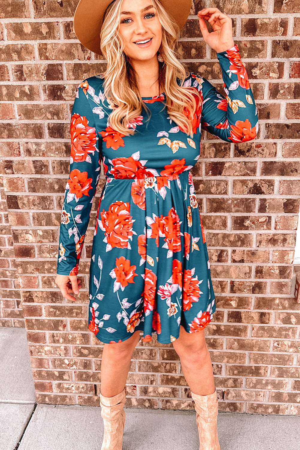 Floral Long Sleeve Pleated Detail Dress