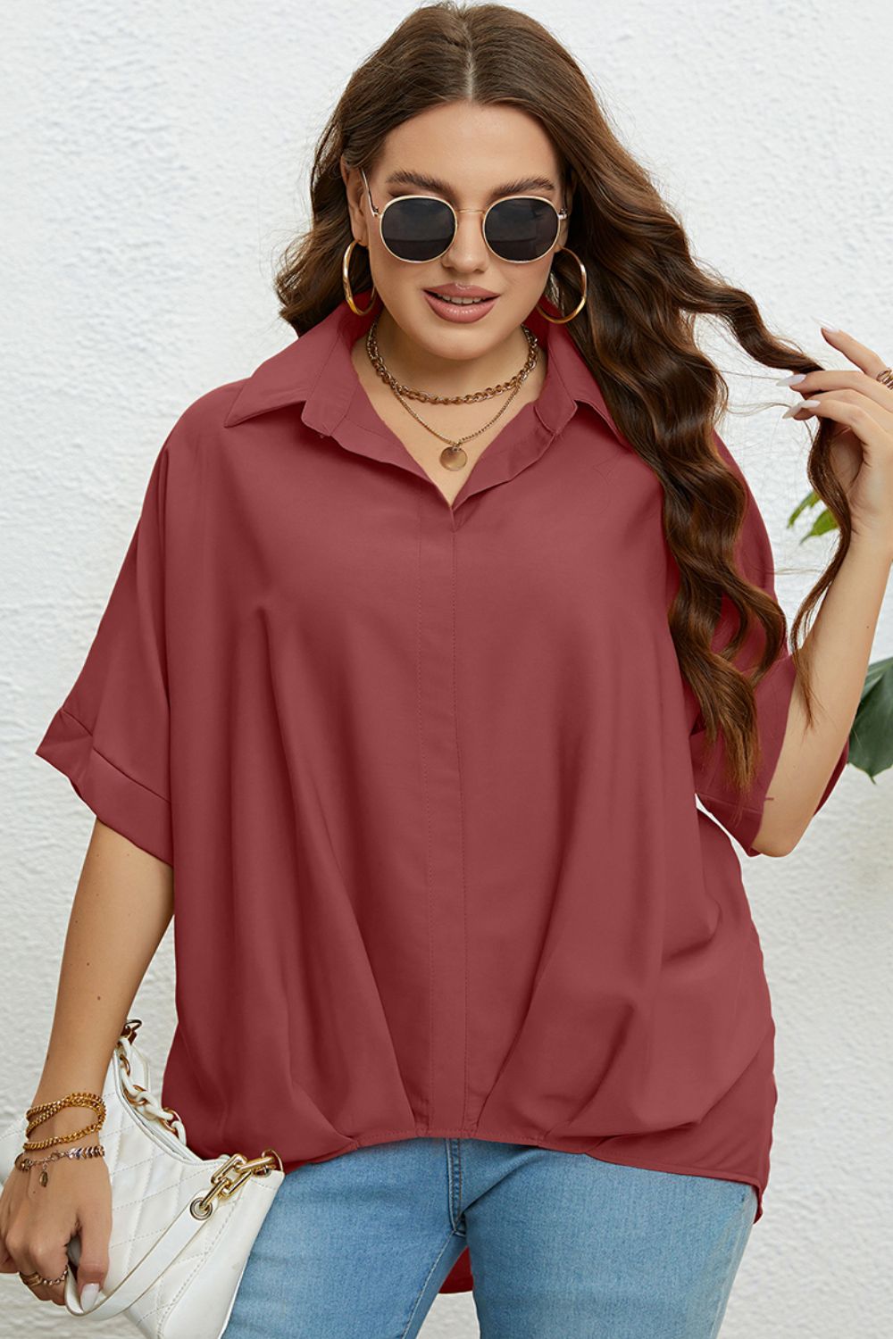 Plus Size Collared Half Sleeve Hem Detail Top