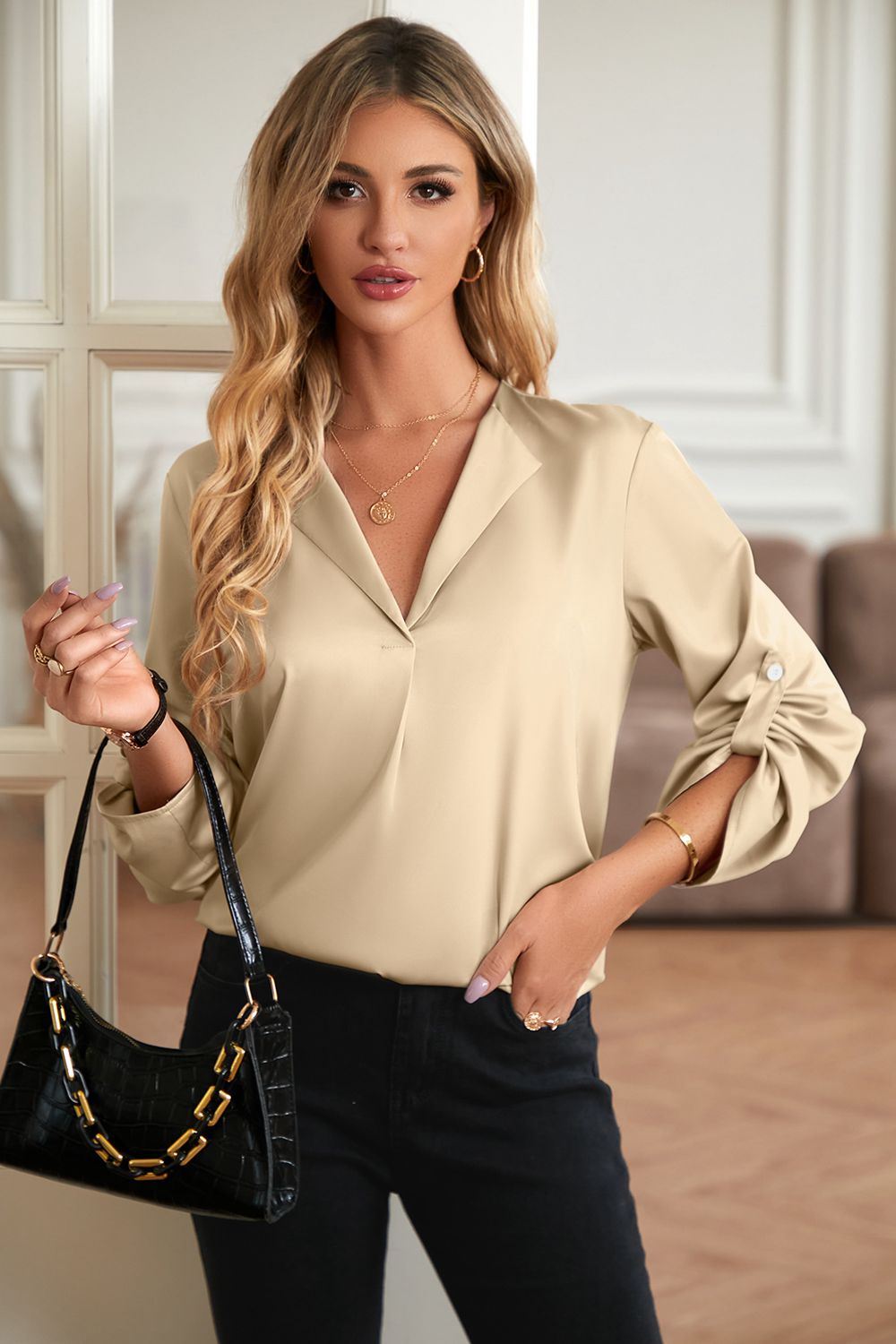 Roll-Tab Sleeve Collared Neck Blouse